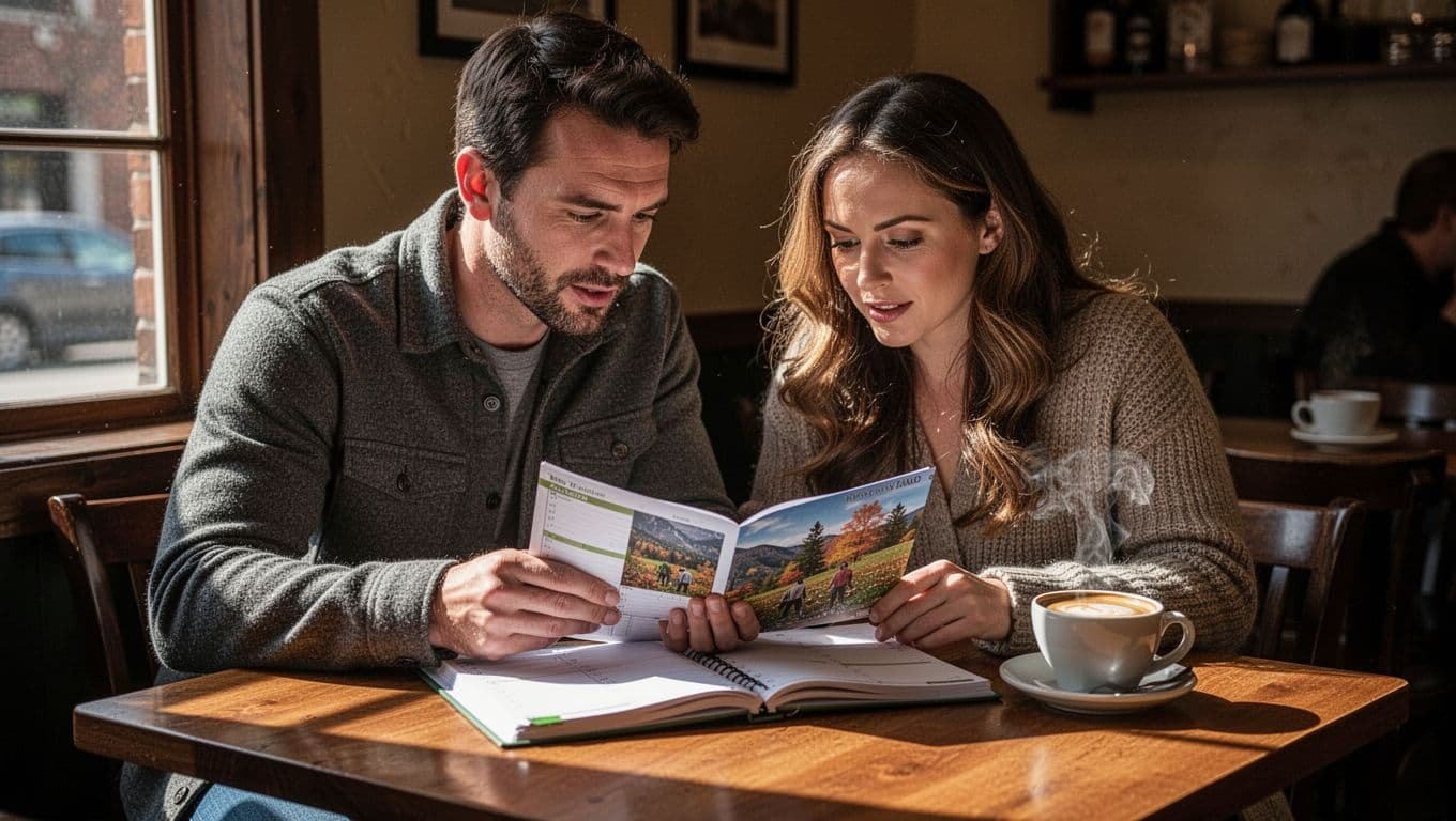 A couple reviews a calendar over coffee at a warmly lit café table.