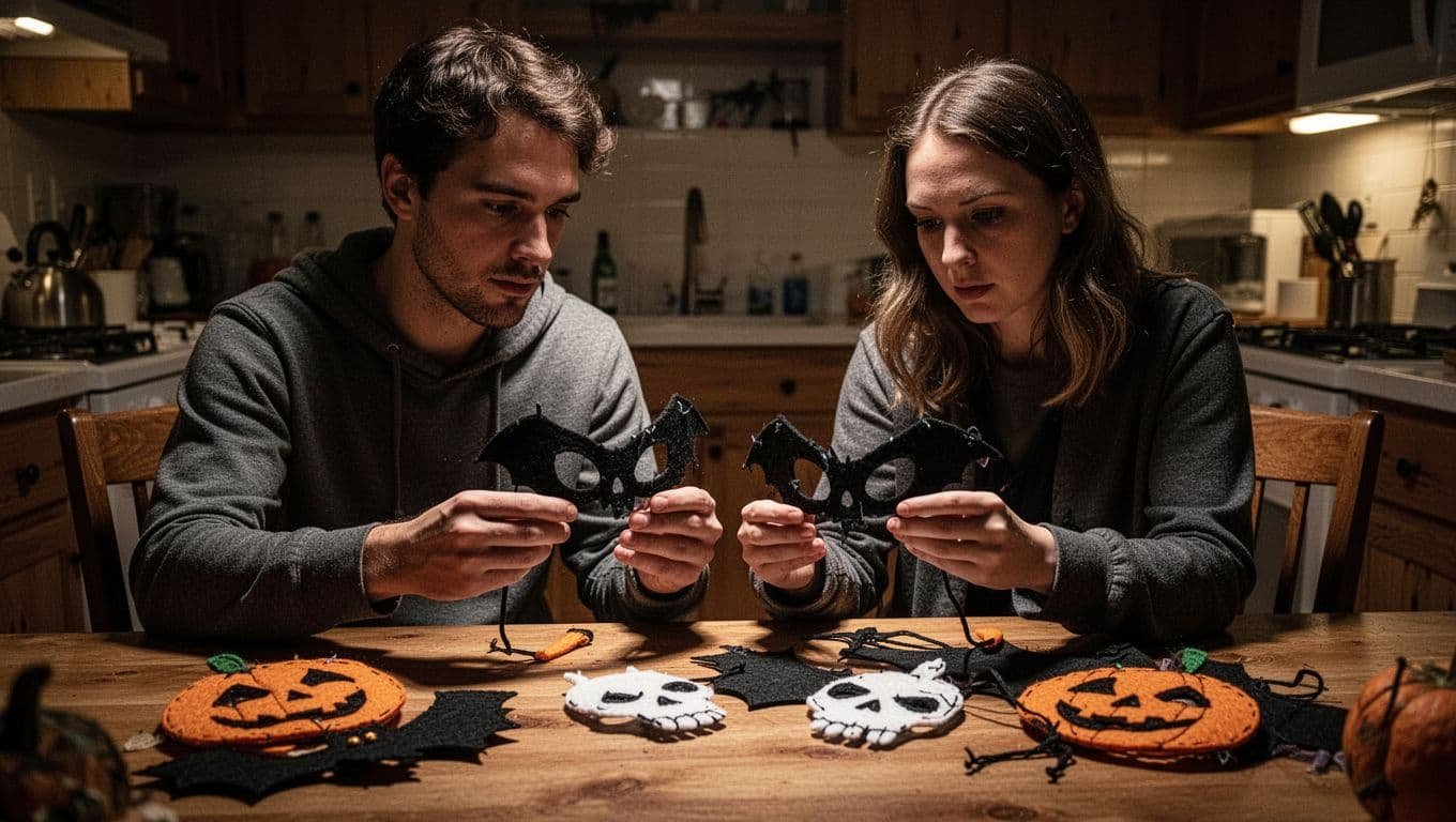A couple checks Halloween costume accessories at a wooden kitchen table.