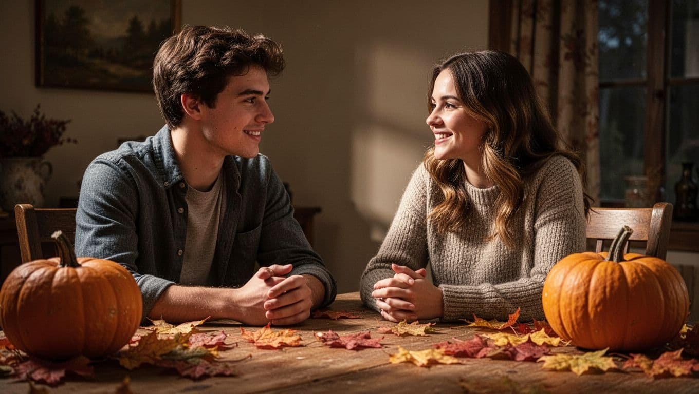 A couple smiles at each other while talking at an autumn-decorated table.