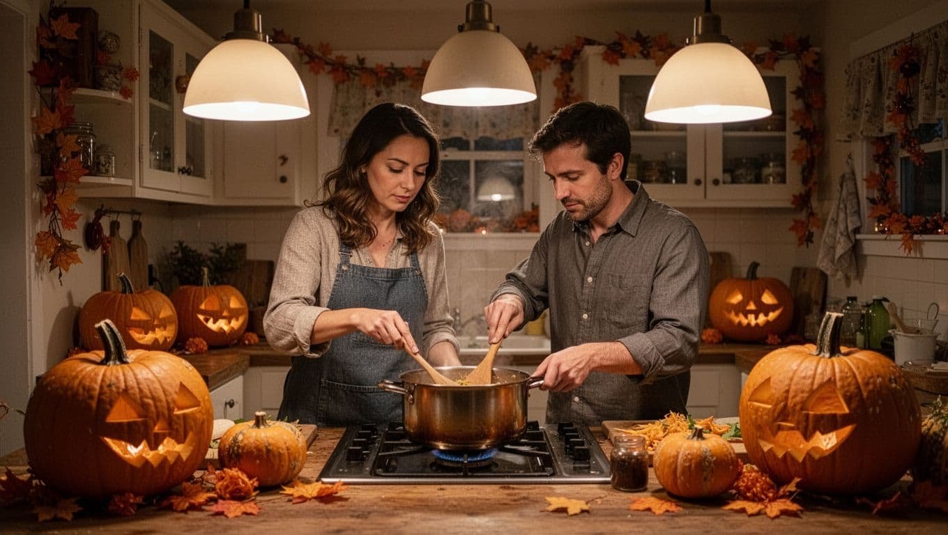 A couple cooks together in a warmly lit Halloween kitchen with pumpkins.
