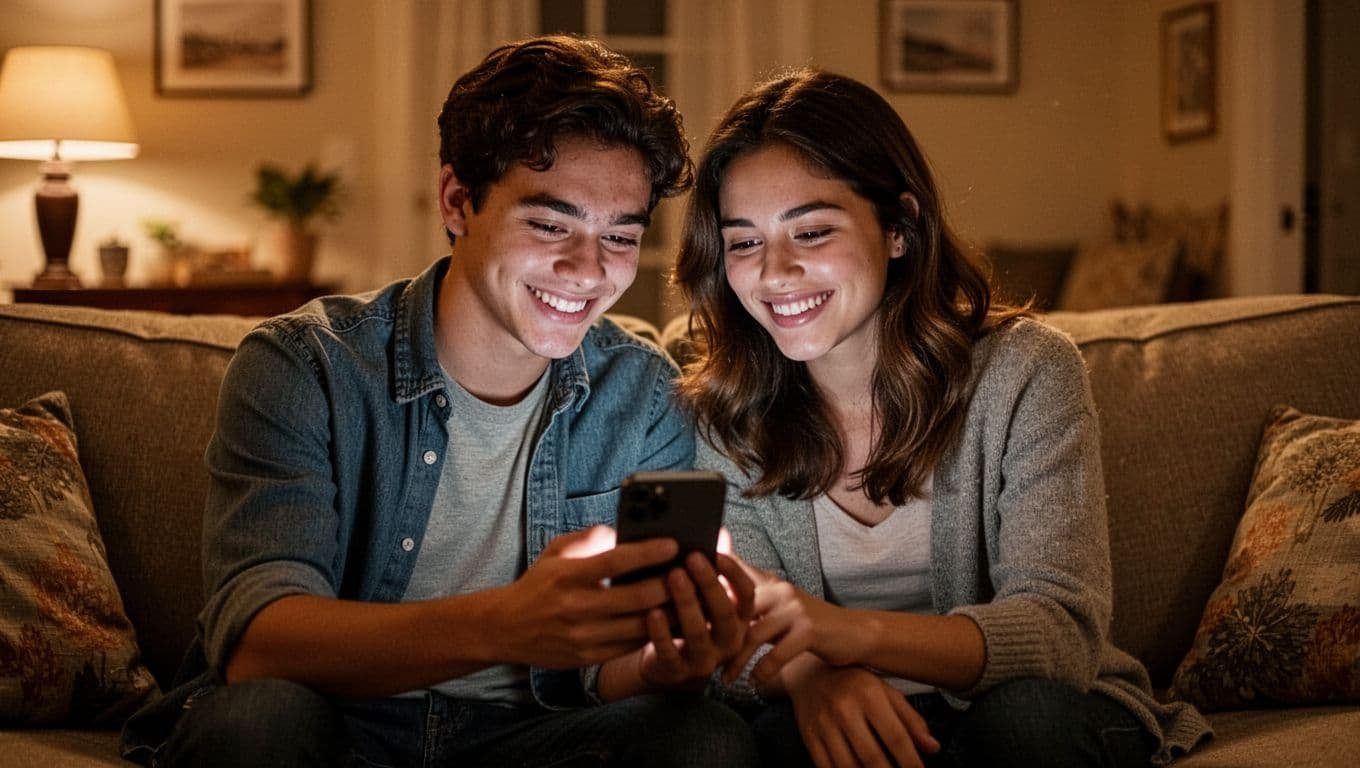 A smiling couple shares a smartphone on a couch in warm light.