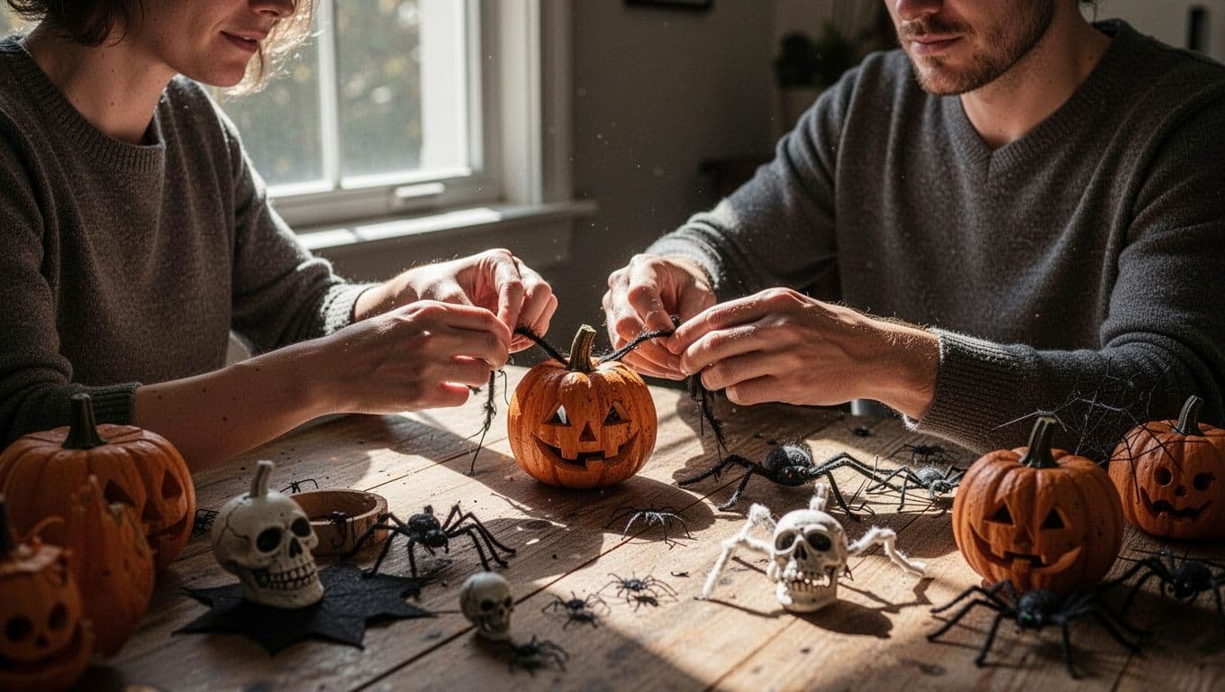 Two people make Halloween costume props together at a wooden table.