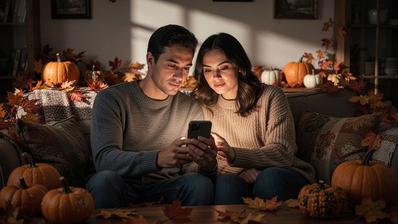 A couple checks a smartphone together on a couch with autumn decorations.