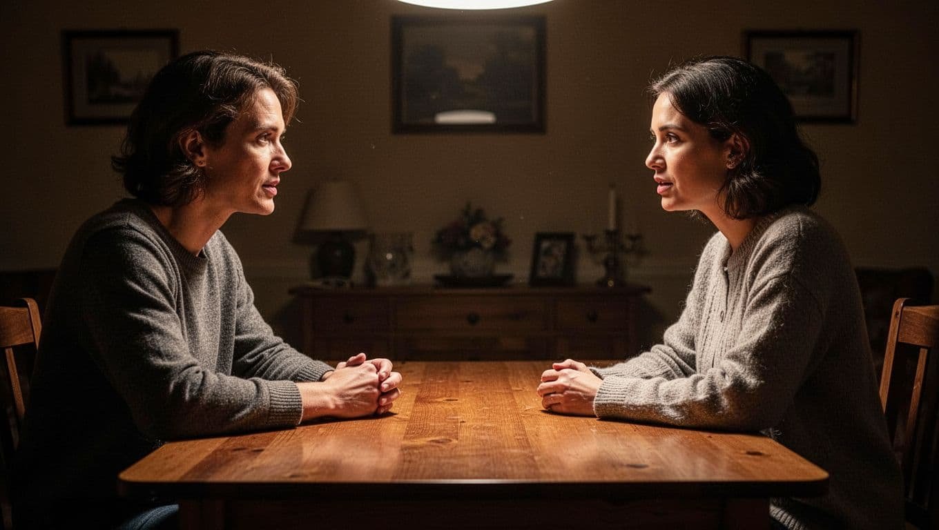 A couple calmly talking across a wooden table in dramatic light.