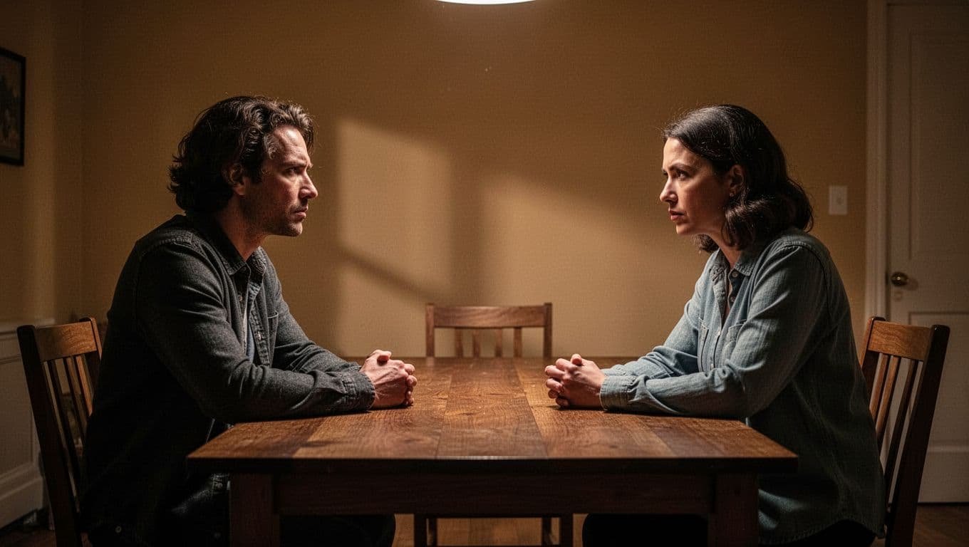 A couple sits across a wooden table having a serious conversation in warm dramatic light.
