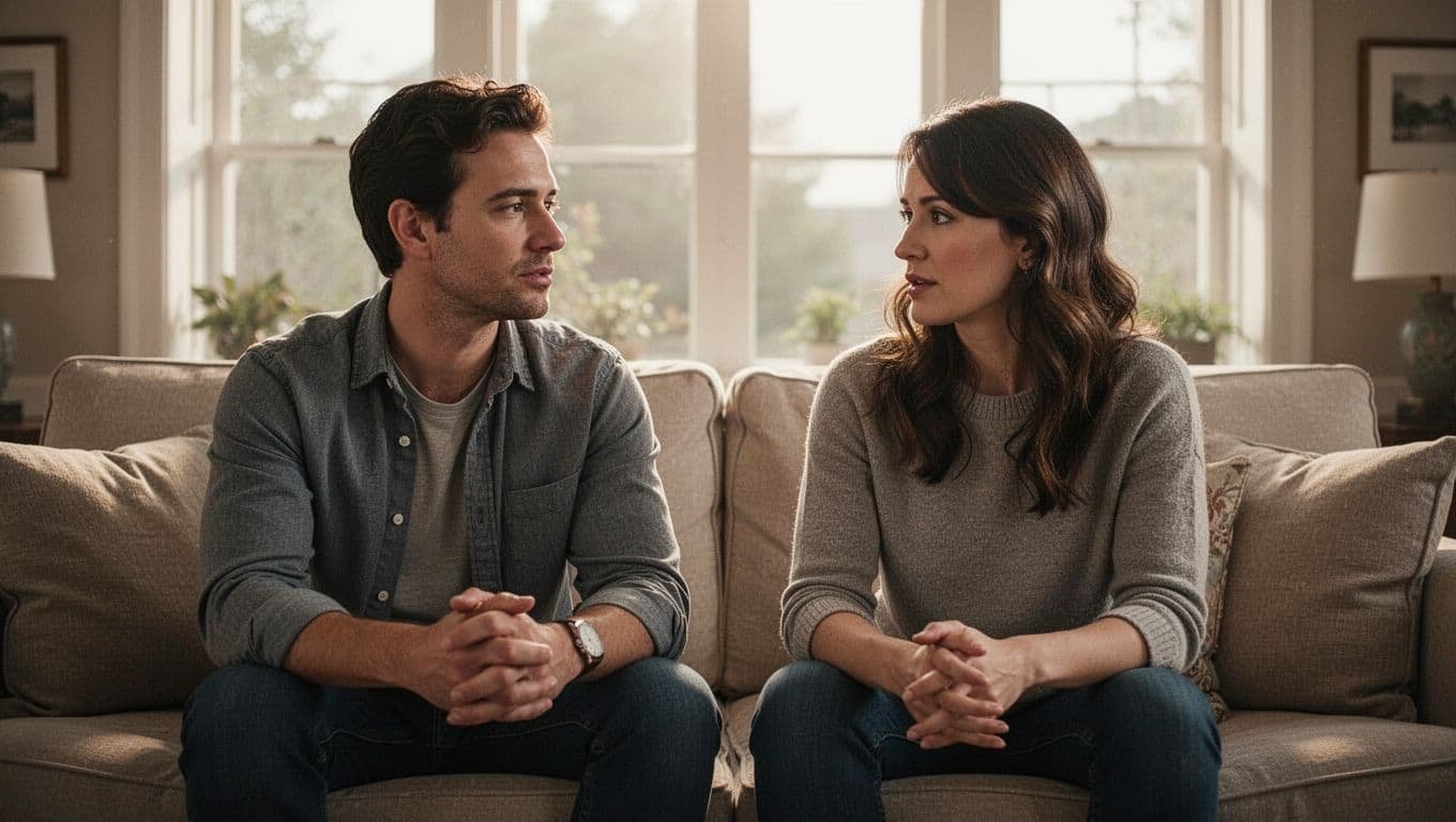 Two people sit together on a sofa and talk in a bright living room.
