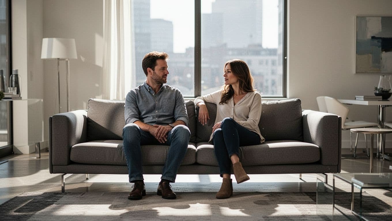 A couple calmly talking together on a modern sofa in a bright living room.