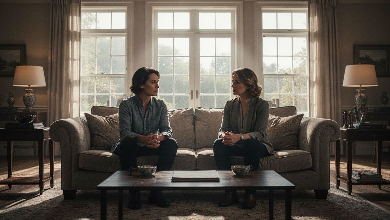A couple sits together on a sofa having a serious conversation in a bright living room.