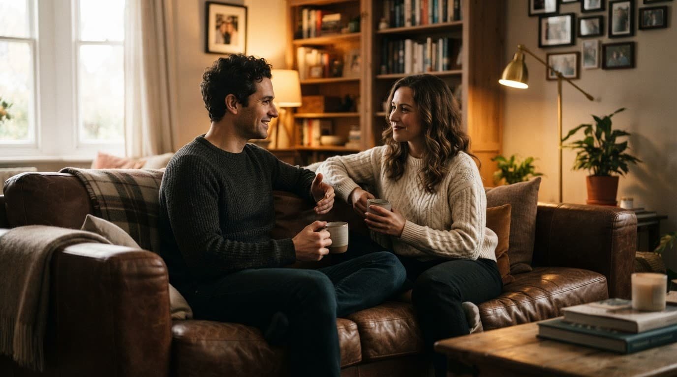 A couple talks calmly while sitting together on a sofa in a warm living room.