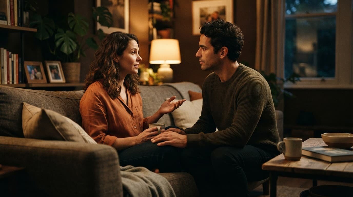A couple sits on a couch, calmly talking in warm light.