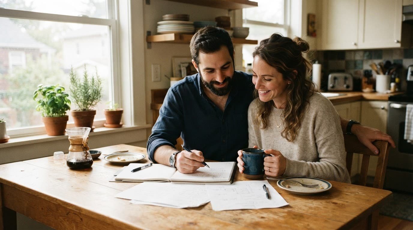 A couple reviews notes beside a coffee cup at a kitchen table.