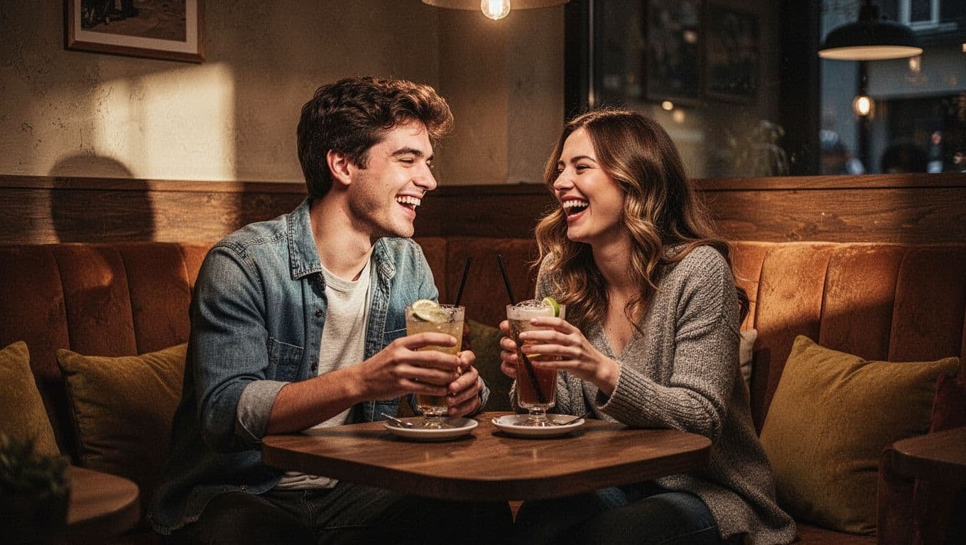 A young couple laughing over drinks in a cozy cafe booth.