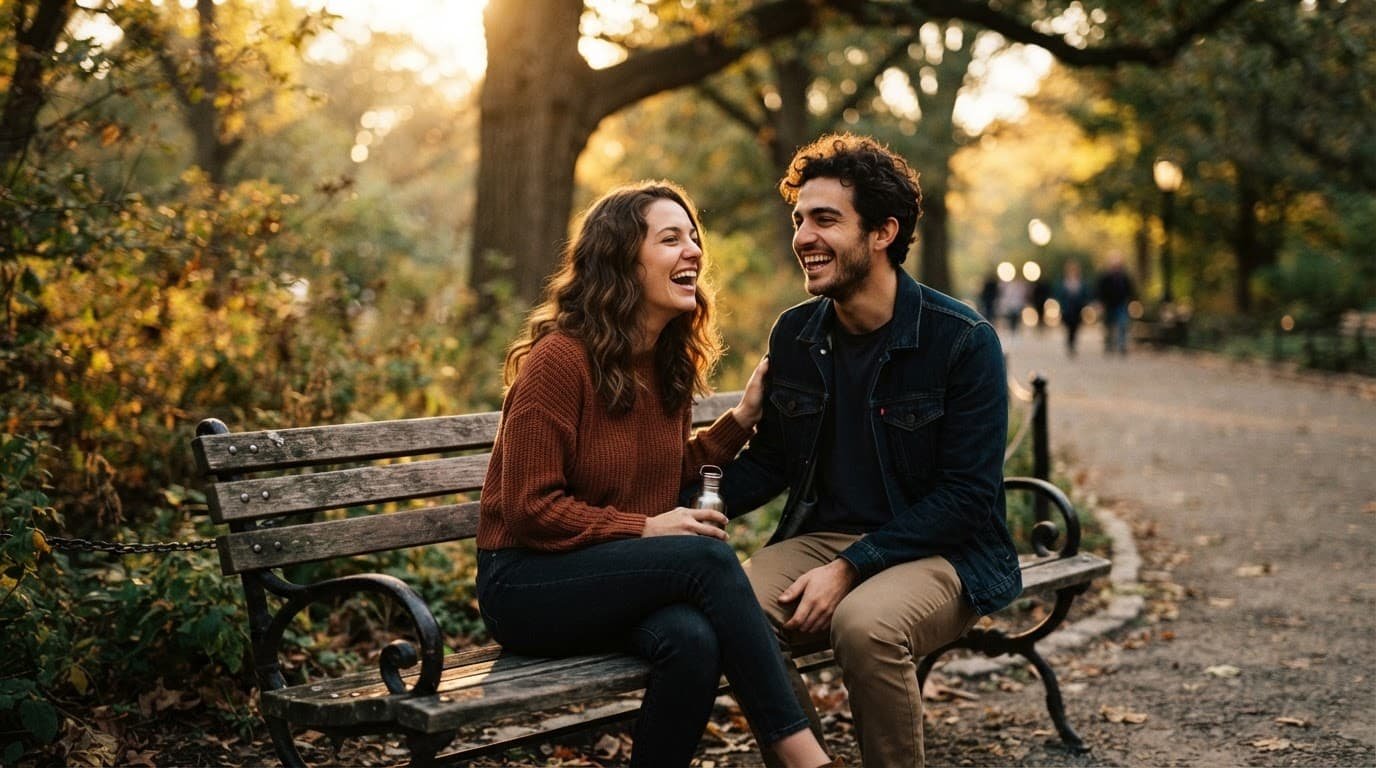 A man and woman laughing together on a park bench at sunset.
