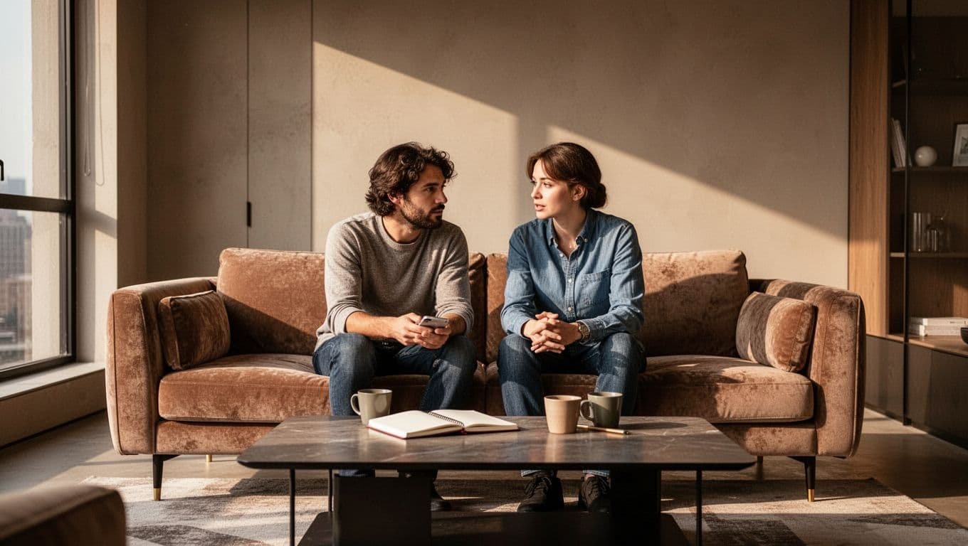 A couple talks on a sofa with notebooks and coffee in a sunlit living room.