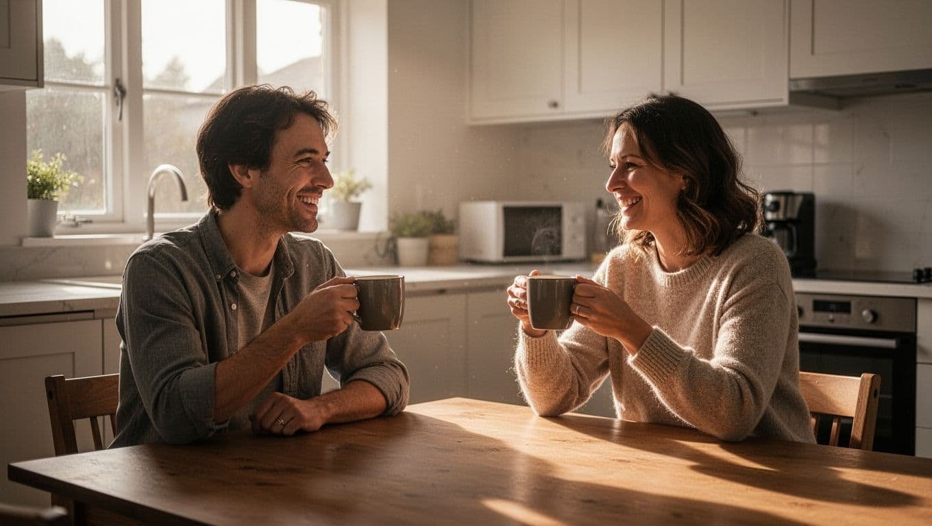 A couple sharing coffee at a bright kitchen counter.