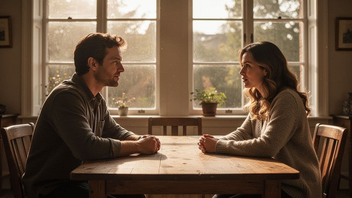 A man and woman calmly talking across a wooden table in a sunny room.