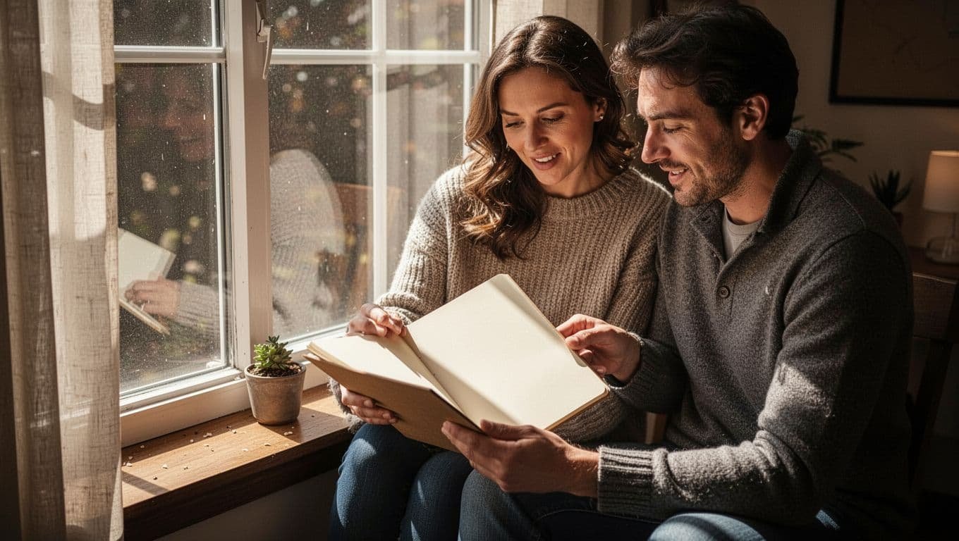 A couple reviews a notepad beside a bright window.