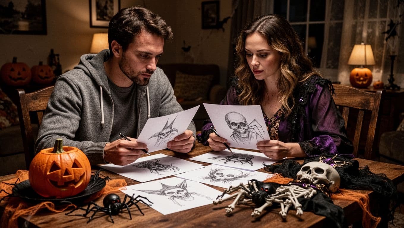 A couple plans Halloween costumes with sketches and props at a wooden table.