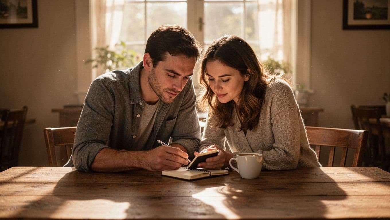A couple studies a notebook together at a wooden table in a sunlit room.