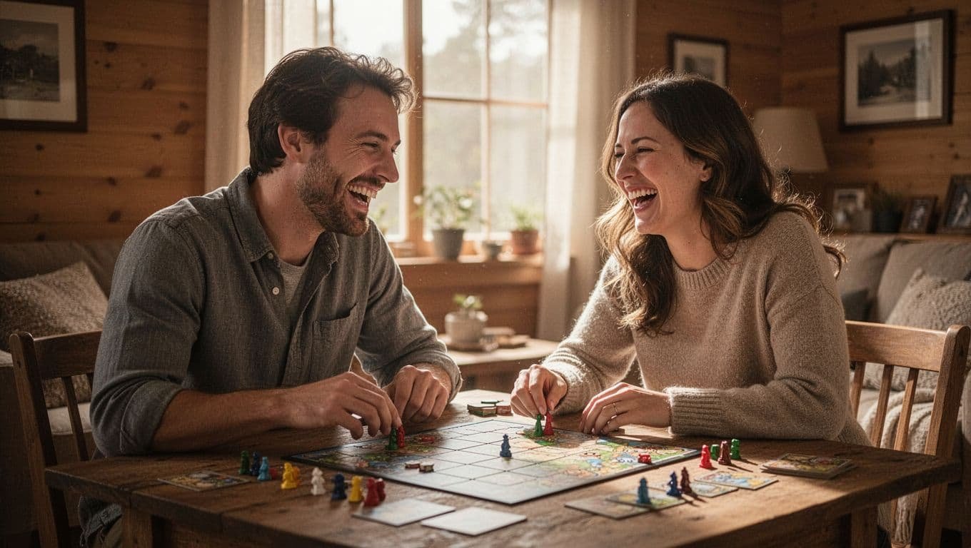 A couple laughs together while playing a board game at a wooden table.