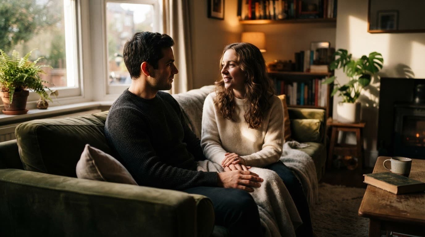 A couple sits together on a sofa in a warmly lit living room.