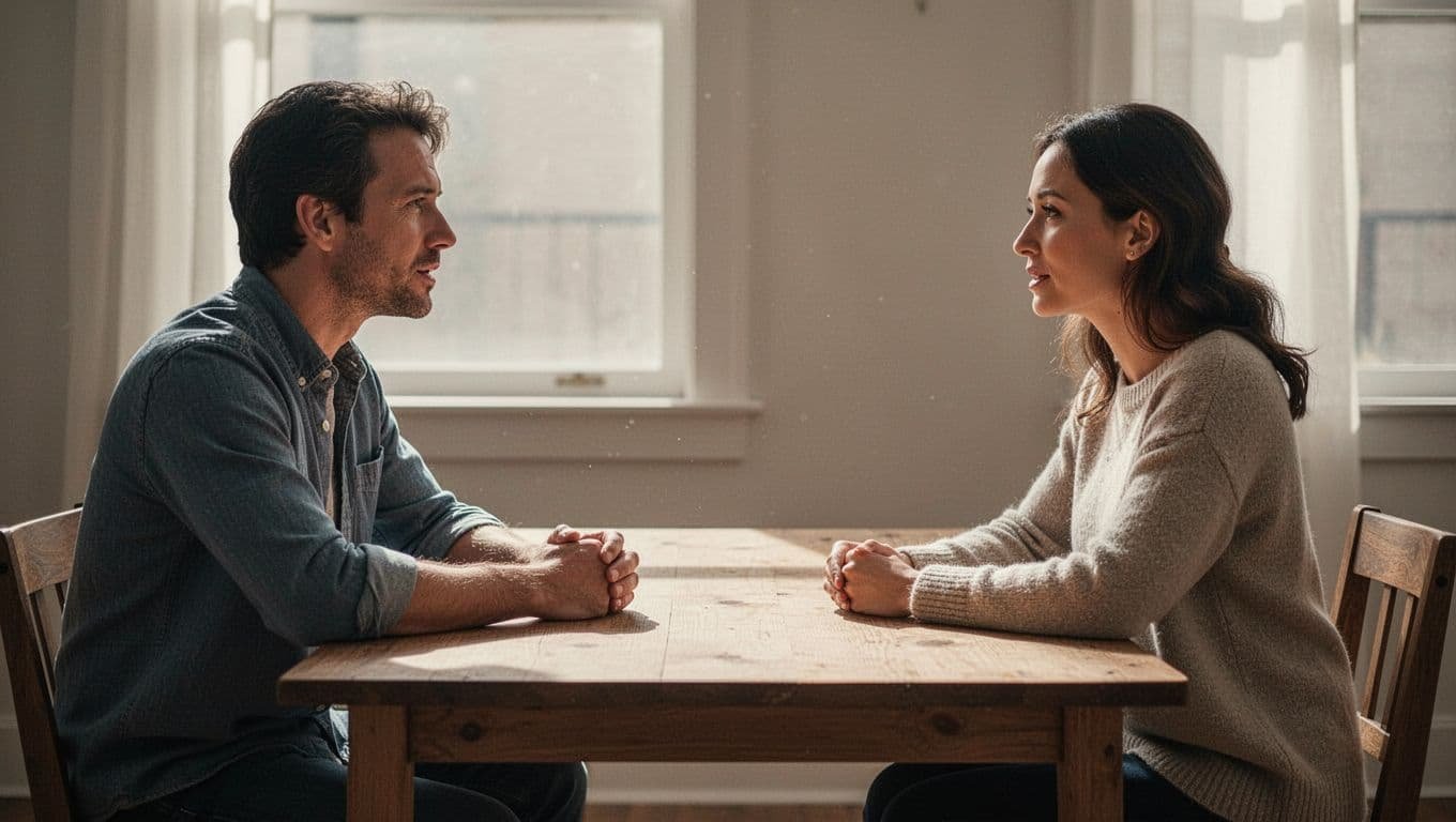A couple calmly talking across a wooden table in a bright room.