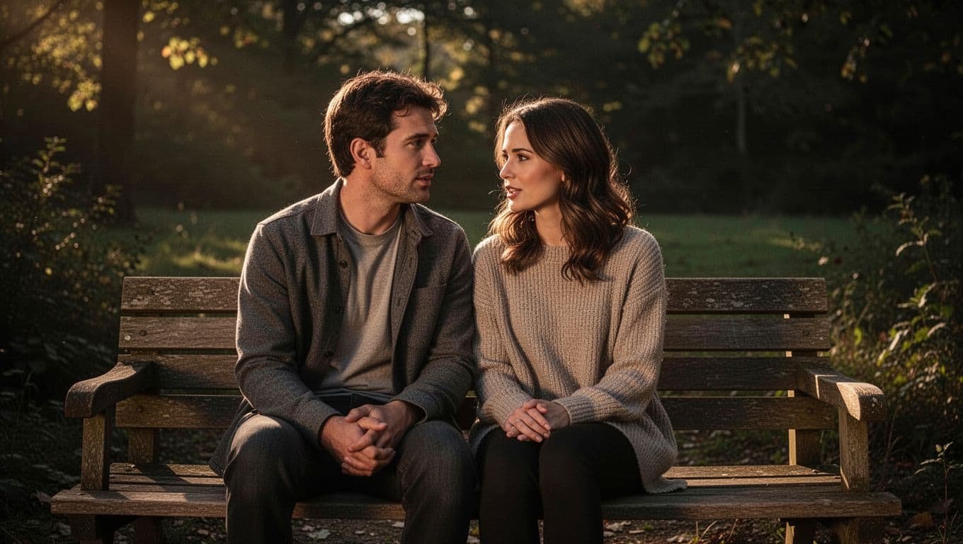 A couple sits closely on a bench outdoors, talking in warm sunlight.