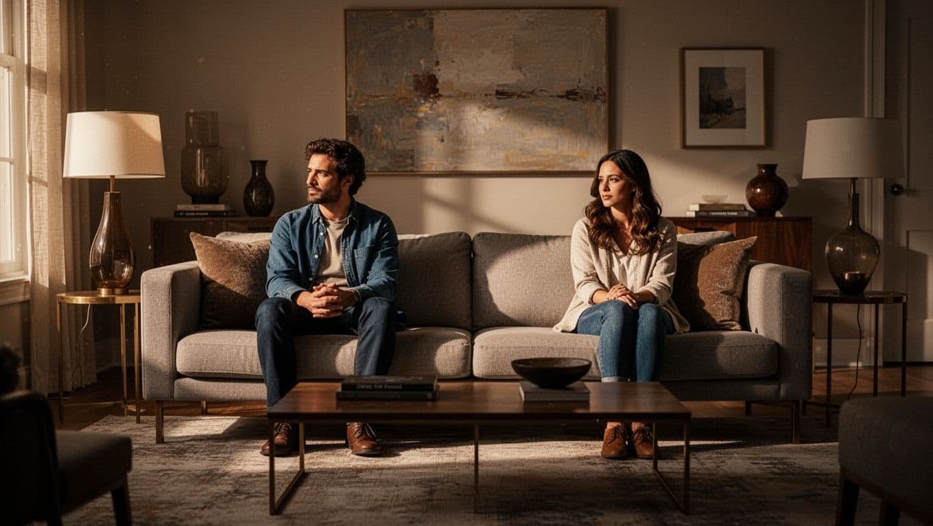 A couple sits apart on a couch in warm window light.