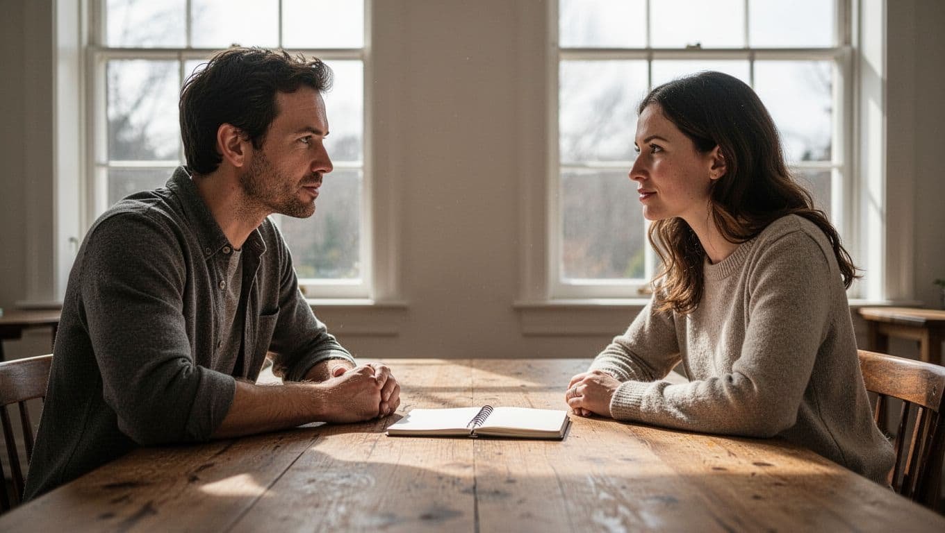 A couple calmly talking at a wooden table with a small notebook.