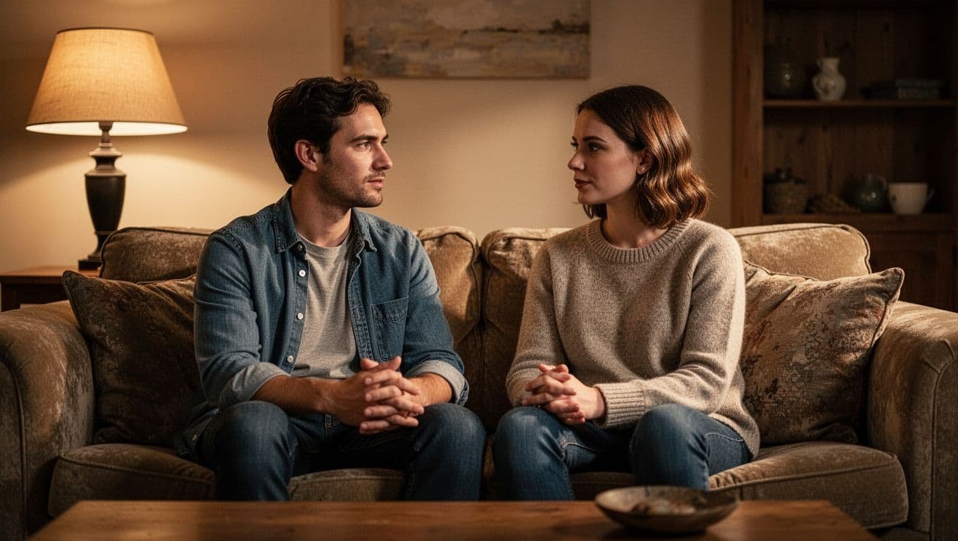 A couple having a calm conversation together on a sofa in a warmly lit living room.