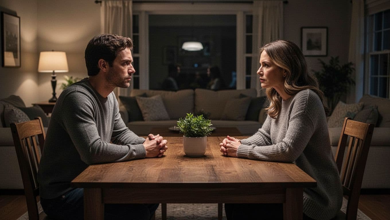 A couple has a serious conversation at a wooden table in a softly lit living room.