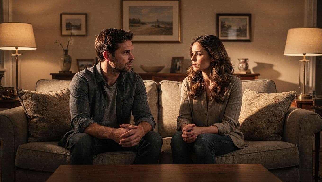 A man and woman have a serious conversation on a sofa in a warmly lit living room.