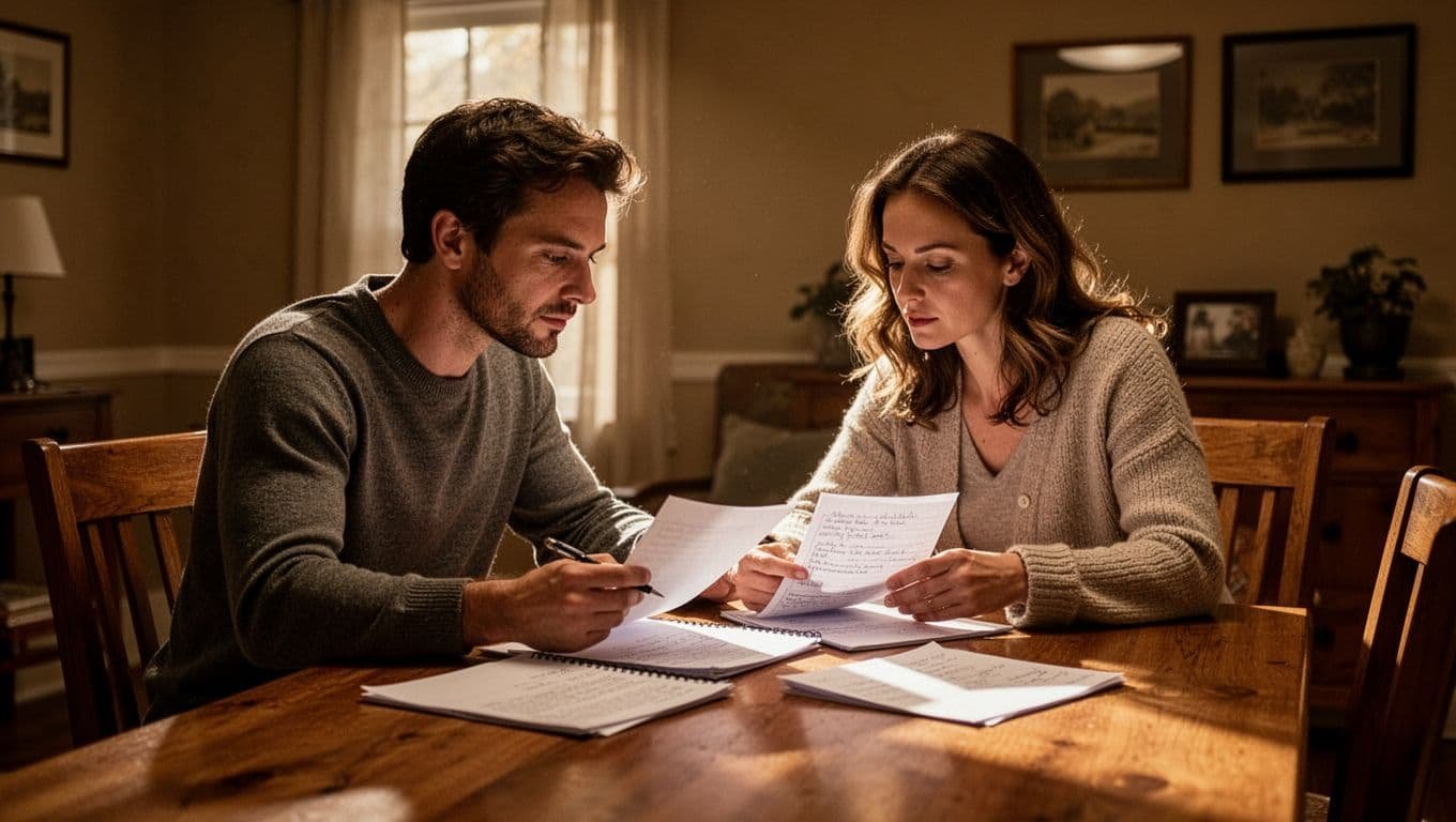 A couple reviews notes together at a wooden dining table.