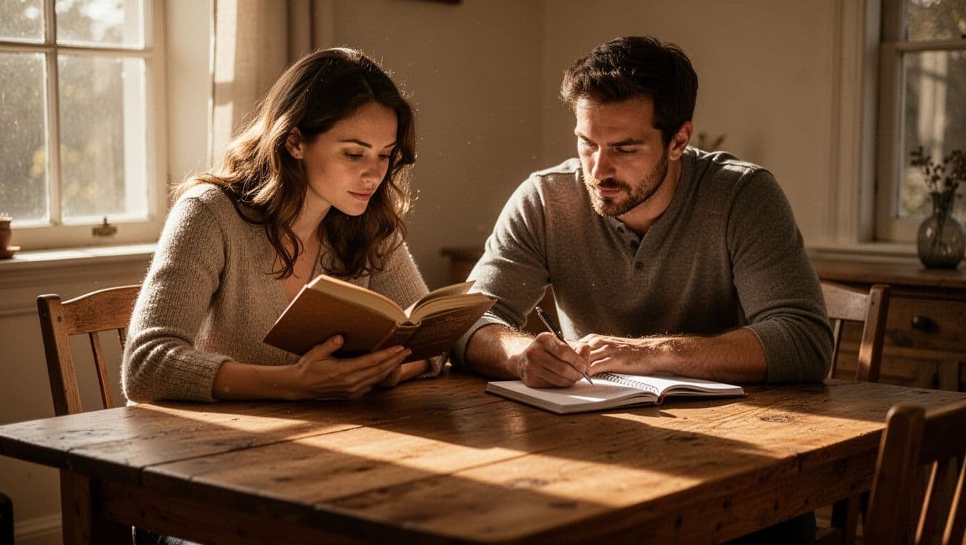 A couple reads and writes together at a wooden table in a sunny room.