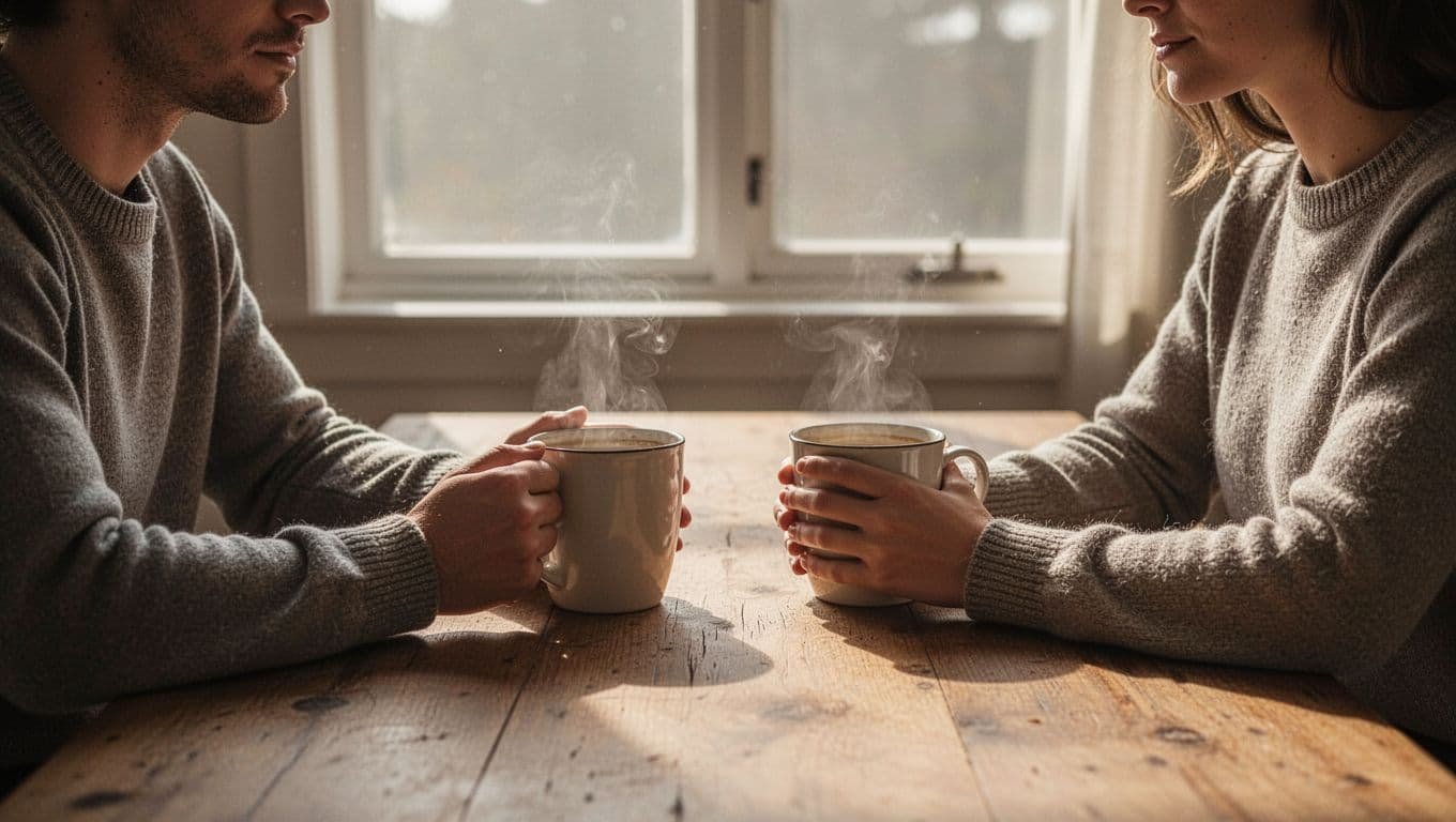 A couple shares coffee at a wooden table in warm morning light.