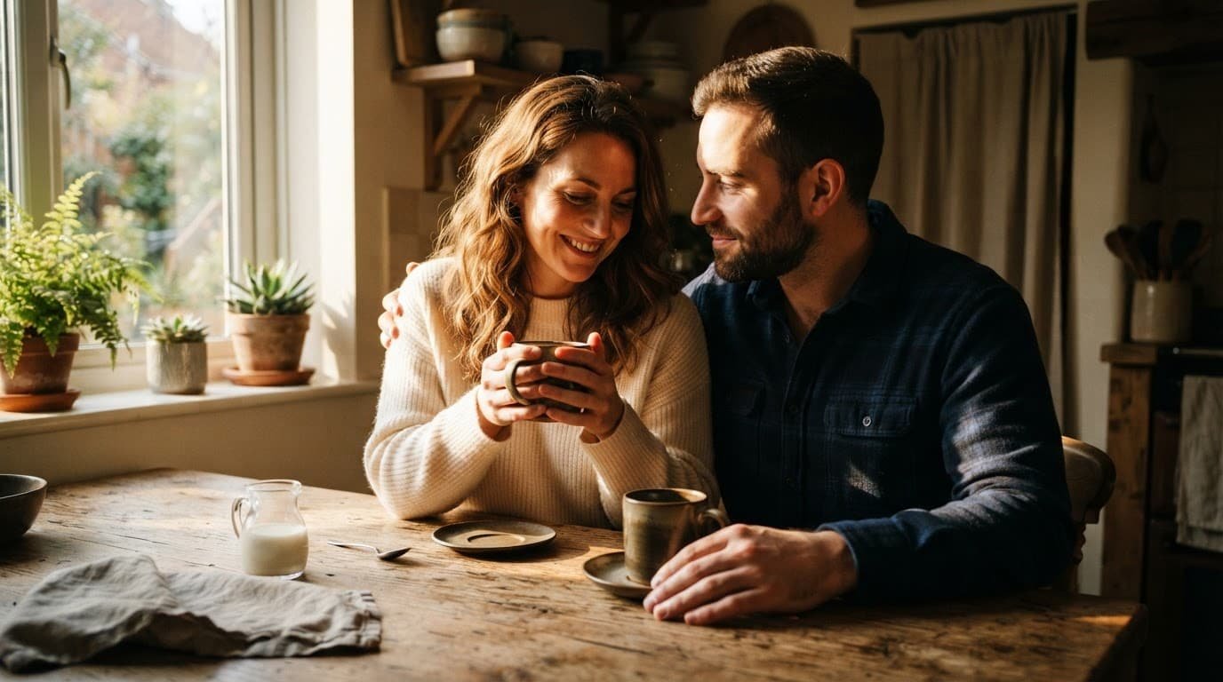 A couple shares coffee at a sunlit wooden kitchen table.