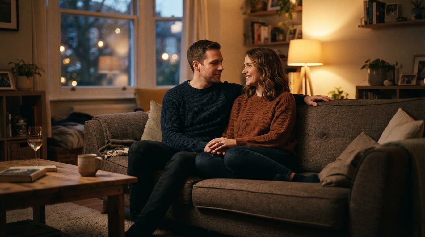 A couple sits together on a sofa, talking quietly in warm evening light.