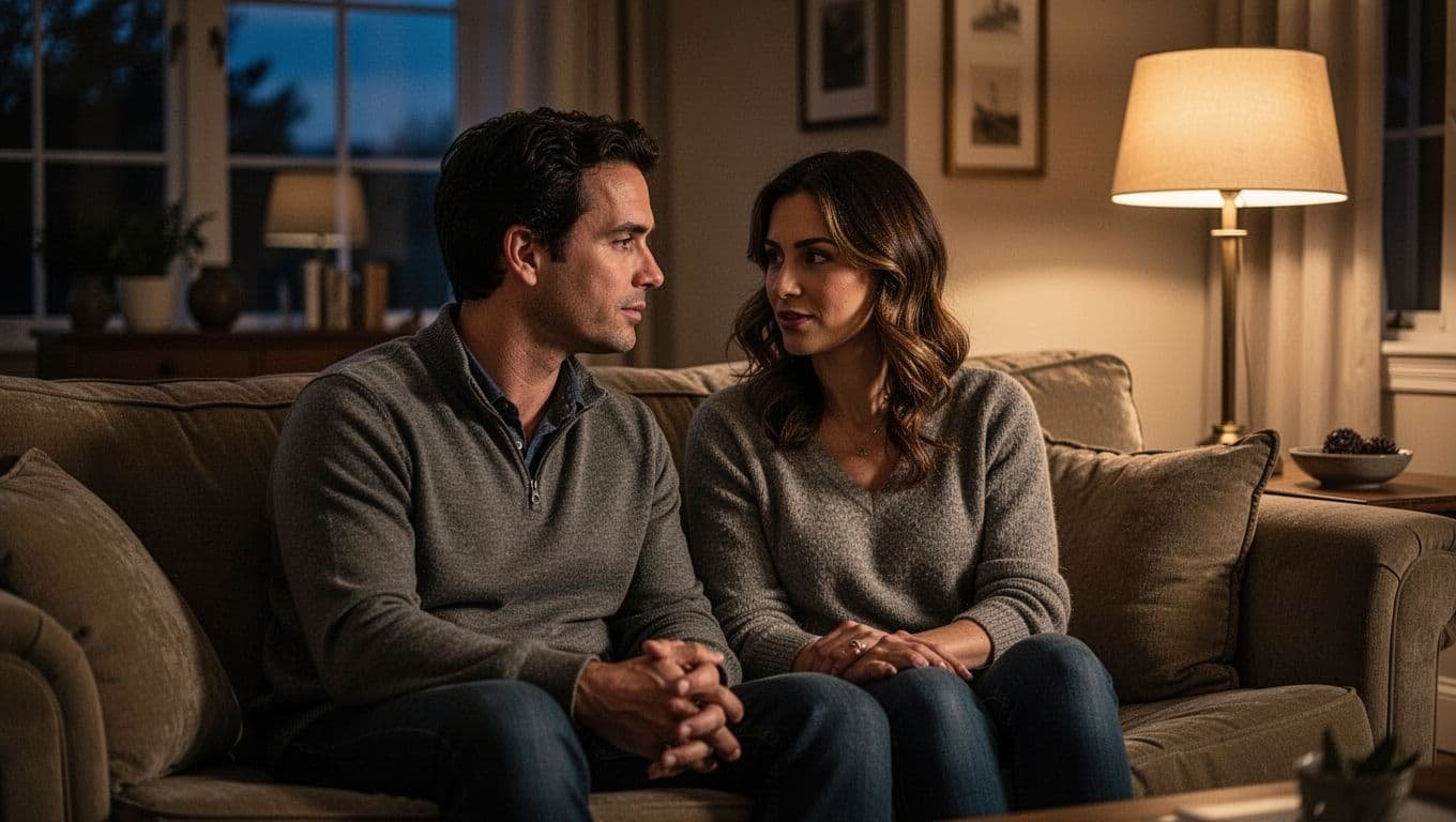 Two people sit together on a sofa and talk in warm evening light.