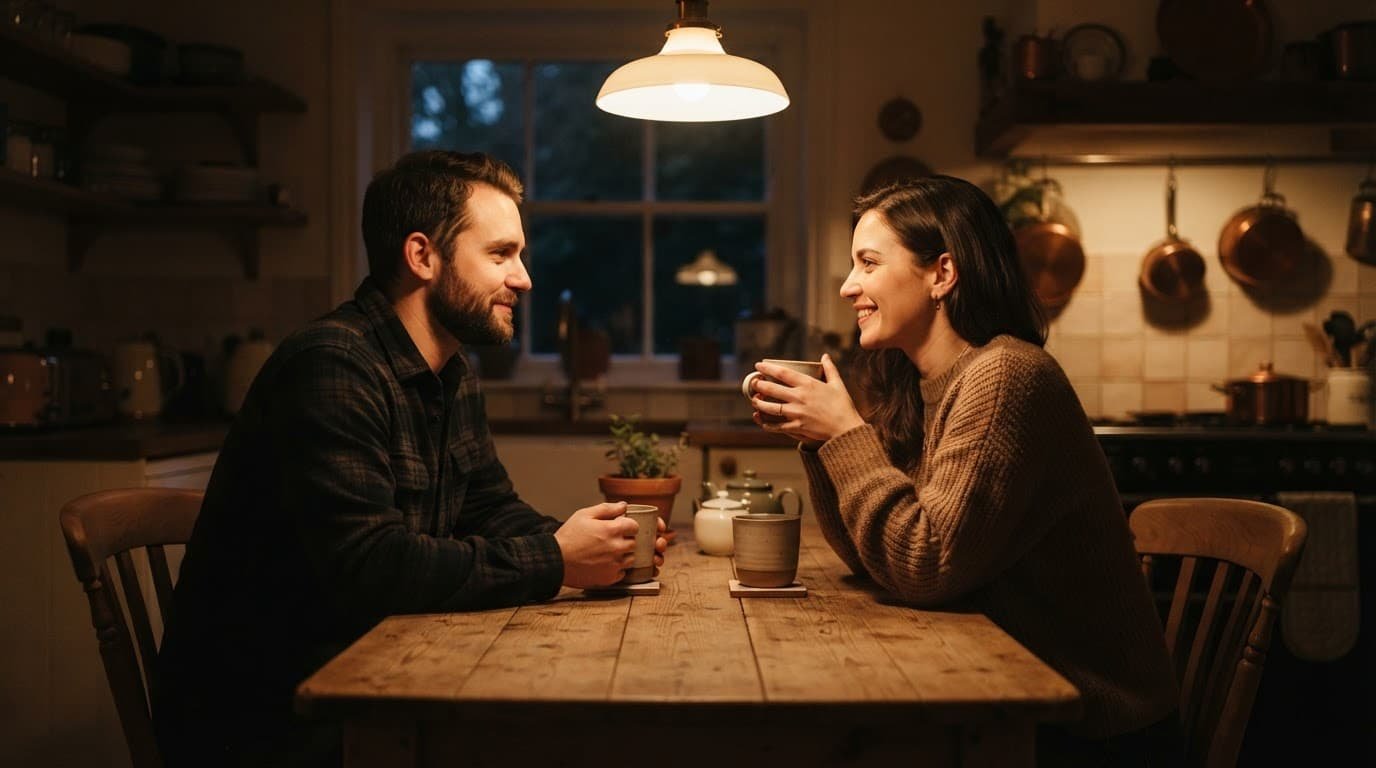 A couple calmly talking over tea at a wooden kitchen table.