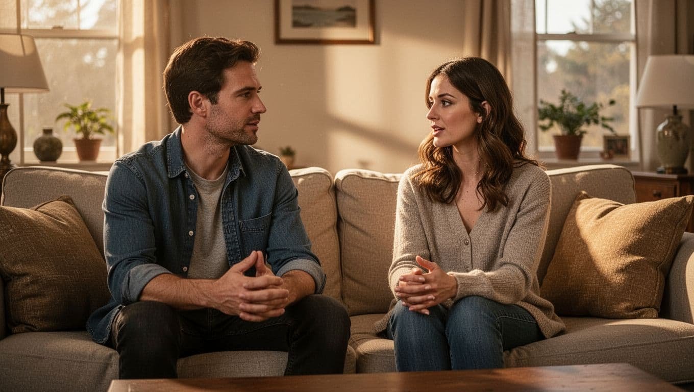 A man and woman calmly talking together on a couch in a sunny living room.
