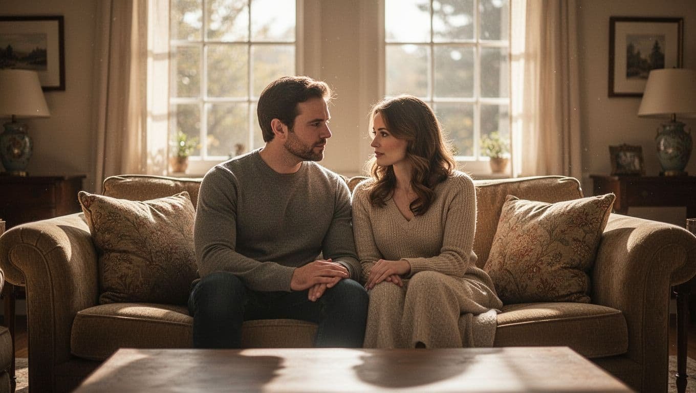 A couple having a calm conversation on a sofa in a warm, sunny living room.