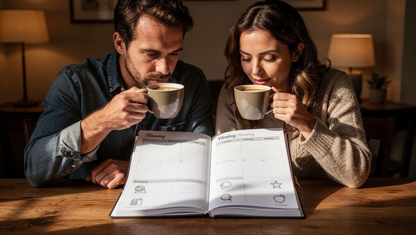 A couple plans their week over coffee with a calendar on a wooden table.