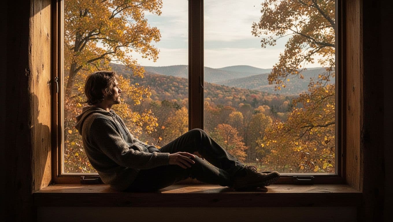 A person looks through a window at a warmly lit autumn landscape.