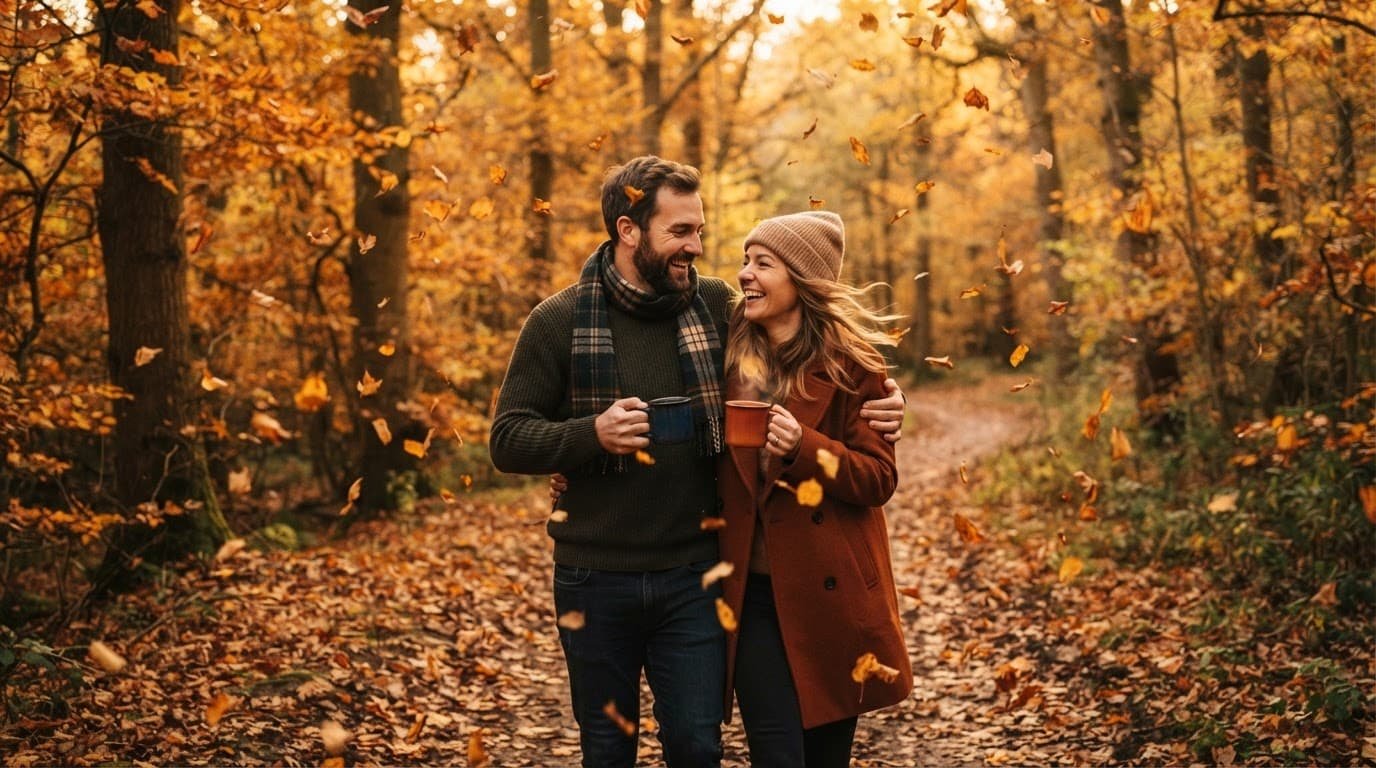 A couple holding warm mugs outdoors as golden autumn leaves fall around them.