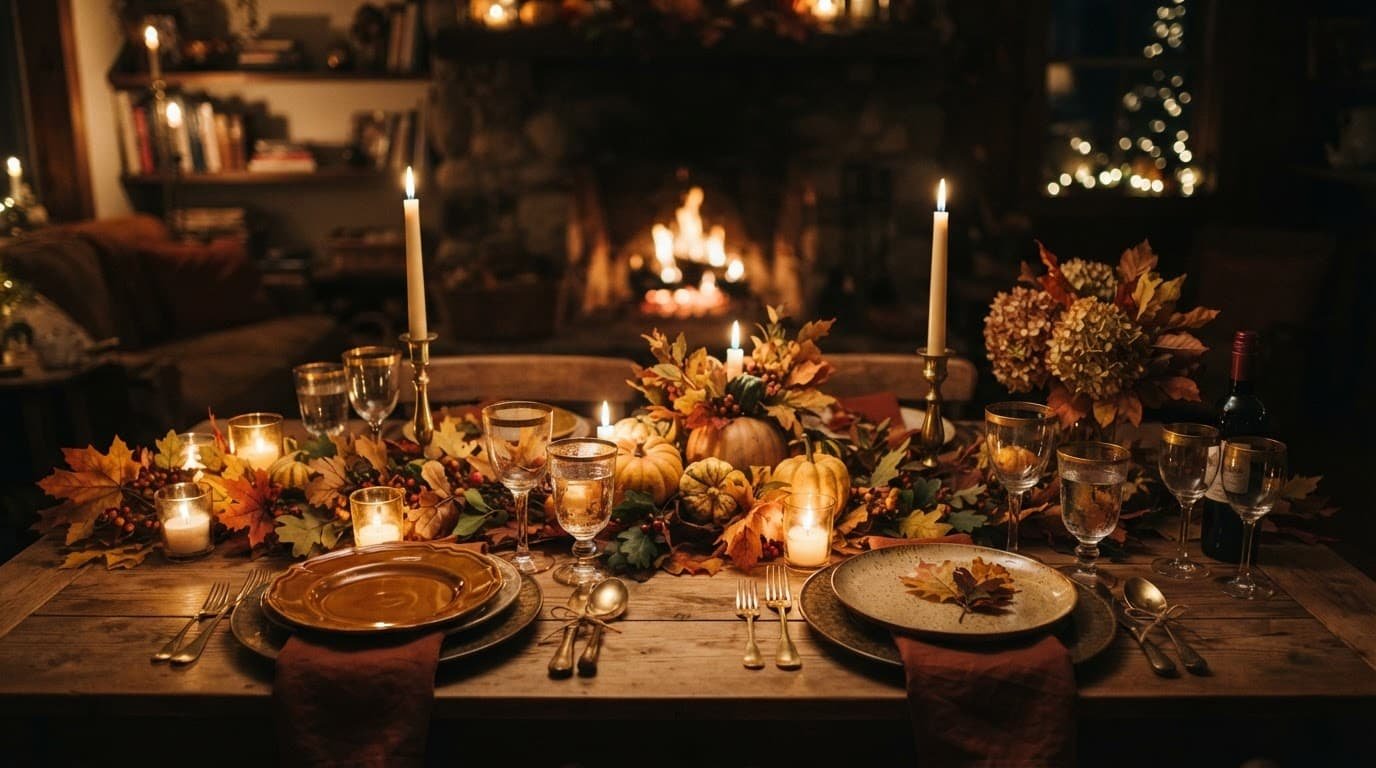 Candlelit anniversary table decorated with pumpkins and autumn leaves.