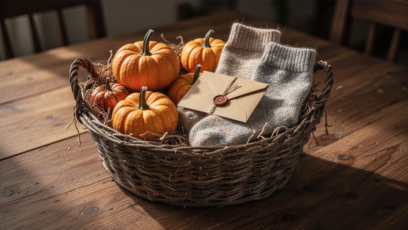 A woven basket holds pumpkins, treats, fuzzy socks, and an envelope on a wooden table.