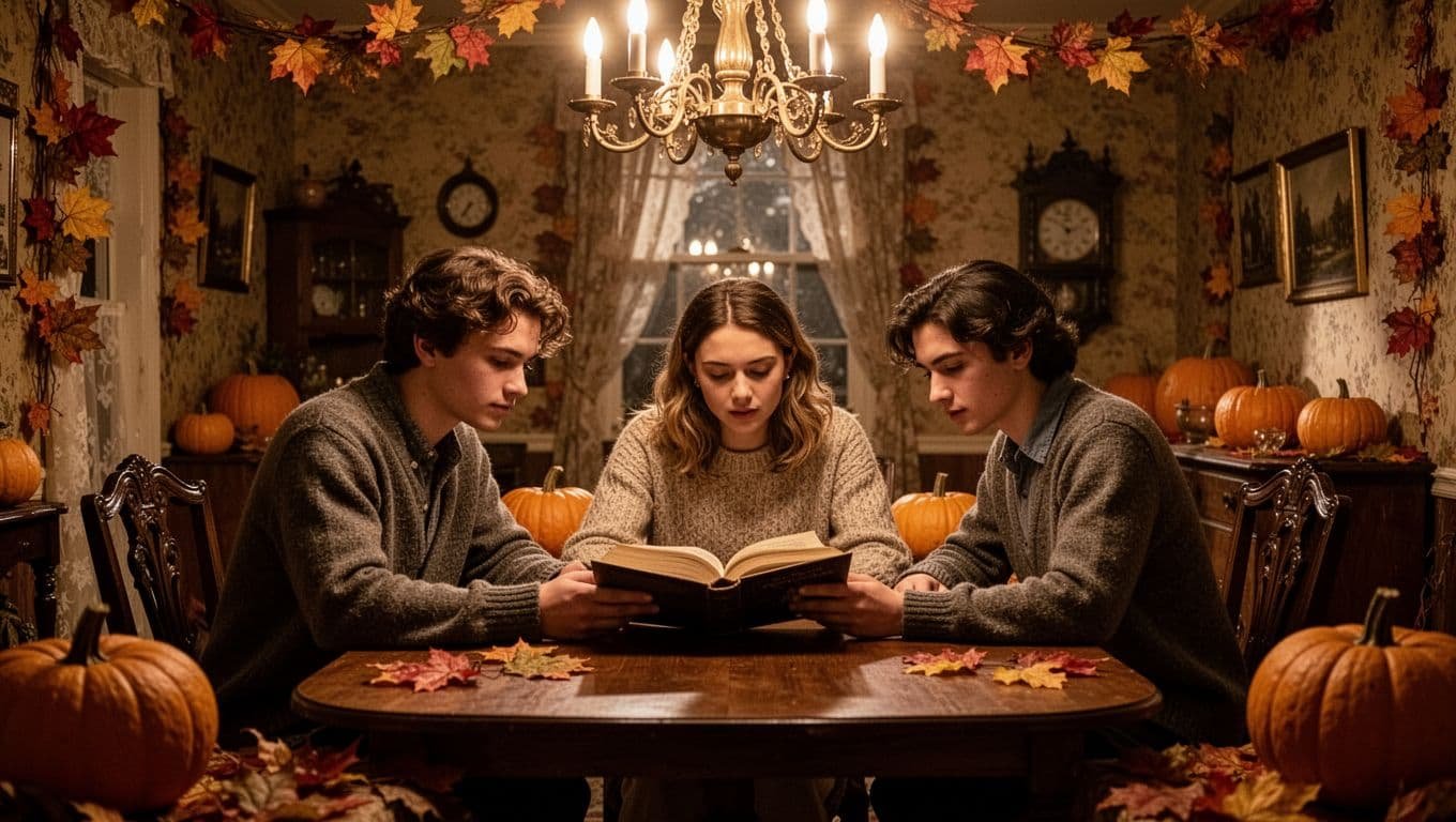 Three friends discuss a book around a wooden table with autumn decorations.