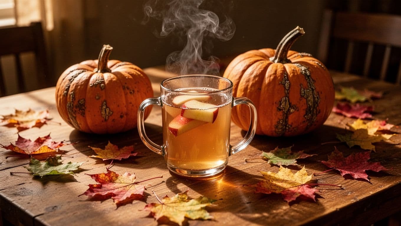 Warm apple cider, pumpkins, and colorful fall leaves arranged on a rustic table.