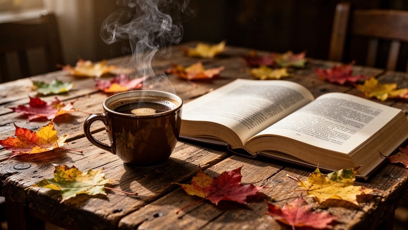 A warm cup of coffee beside an open book and autumn leaves on a wooden table.