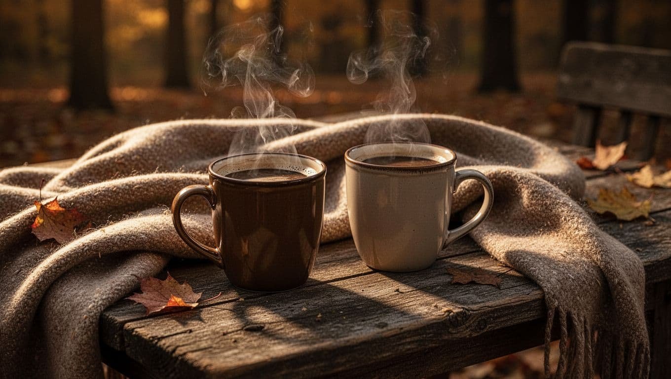 Two coffee mugs sit on a rustic table beside soft blankets in warm autumn light.